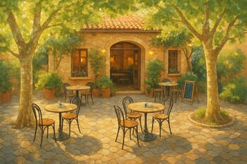 Pinco yüzey ve bitkilerle tanımlanmış kafe avlusu