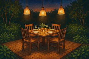 Pin co ahşap platform üzerinde akşam yemeği için hazırlanmış masa sahnesi