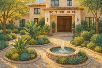 Bitki adaları ve su ögesiyle karşılayan butik otel giriş sahnesi