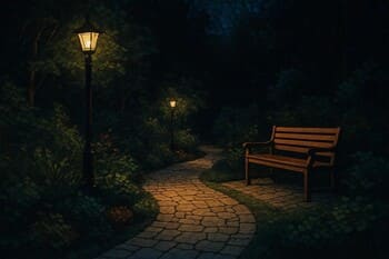 Gece aydınlatmasıyla vurgulanan yürüyüş yolu ve oturma adası