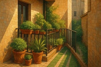 Şehir balkonunda saksılar ve kompakt yeşil bantlardan oluşan dinlenme köşesi