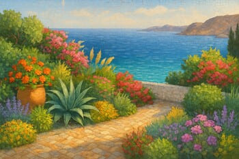 Ege kıyısında LandMosaic tarafından tasarlanmış pinco yüzeyli teras bahçesi