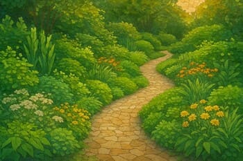 Bitki bordürleriyle çevrili kıvrımlı bahçe yürüyüş patikası