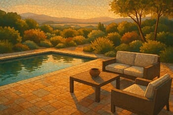 Havuz kenarında yumuşak aydınlatmalı oturma alanı ve peyzaj detayı