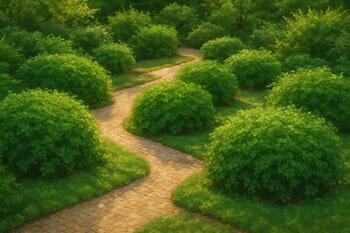 Bahçede mekânı tanımlayan çalı grupları