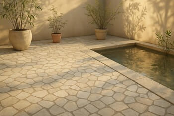 Açık tonlu pinco yüzeyler ve su detayıyla tanımlanmış teras sahnesi