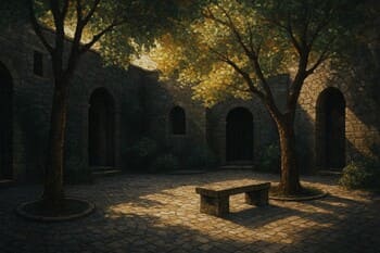 Gölgeli avluda koyu taş yüzeyler ve aydınlatma detayları