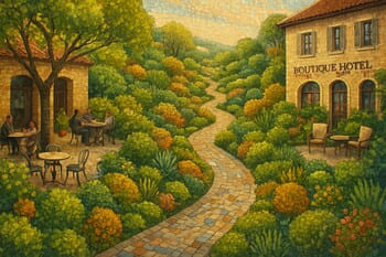 Eğimli alanda kafe ve butik otel avlularını bağlayan peyzaj şeridi