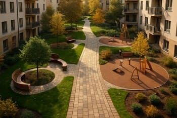 Site avlusunda oturma cepleri ve oyun alanlarını bağlayan yürüyüş omurgası