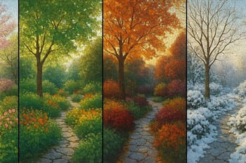 Dört mevsimde farklı ışık ve bitki yoğunluğuyla değişen bahçe sahnesi