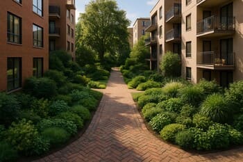 Site avlusunda bloklar arasında net bir yürüyüş omurgası