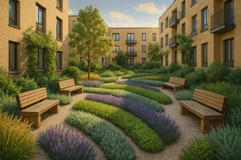 Blok cephelerini yumuşatan yeşil bitki bantları ve oturma cepleri