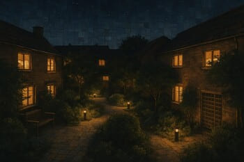 Gece düşük seviye ışıklarla aydınlatılan site avlusu