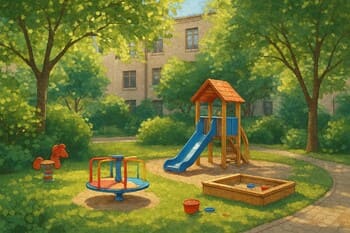 Yürüyüş aksına yakın, güvenli konumda kurgulanmış çocuk oyun alanı