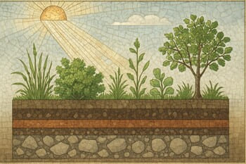 Yan kesitte zemin, bitki ve ışık katmanlarının üst üste gösterildiği diyagram