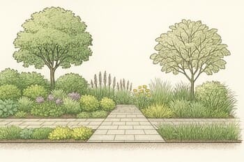 Bahçe planında pinco yollar ve bitki bantlarının çizgisel kesit diyagramı