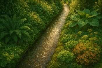 Bahçede ince su kanalı ve etrafında bitkilerle oluşturulan sakin sahne