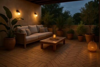 Akşam ışığında pin co ahşap deck ve bitkilerle tanımlanmış teras oturma alanı