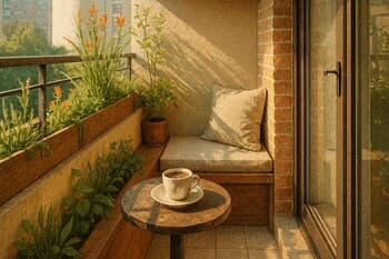 Sabah kahvesi için tasarlanmış kompakt balkon köşesi ve yeşil bantlar