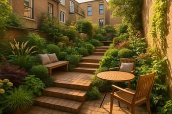 Küçük bir şehir terasında çok katlı pinco basamaklar ve oturma cepleri