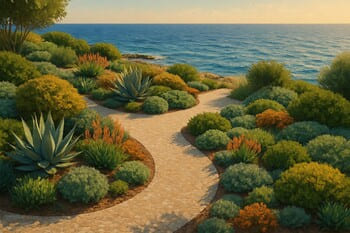 Ege kıyısında bitki adaları ve pinco yürüyüş bandıyla tasarlanmış sahil bahçesi