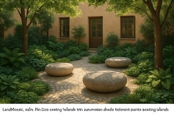 Marmara iklimine uygun bitkilerle çevrili site içi avlu sahnesi