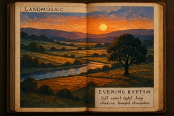 Akşam ışığında çekilmiş peyzaj sahnesi ve notlarla işaretlenmiş atlas sayfası