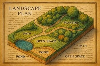 Peyzaj planı üzerinde el yazısı notlarla işaretlenmiş atlas sayfası