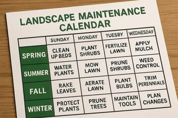 Mevsimsel bakım notlarıyla işaretlenmiş peyzaj bakım takvimi
