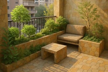 Kompakt şehir balkonunda yeşil bantlar, mini ağaçlar ve LandMosaic oturma köşesi