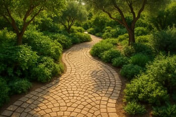 Organik kıvrımlı bahçe yolu ve pinco taş ritimleri