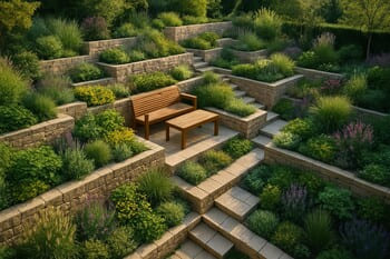 Pin co imzalı çok katmanlı teras bahçesi ve ahşap oturma alanı