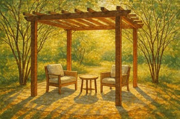 Güneşi filtreleyen pergola ve ince yapraklı ağaçların oluşturduğu gölge alan