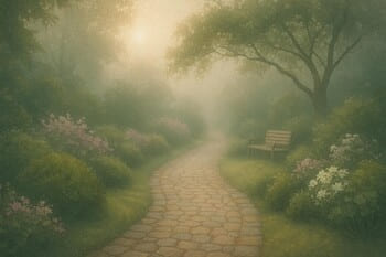 Sabah ışığında hafif sisle kaplı sakin bahçe yolu