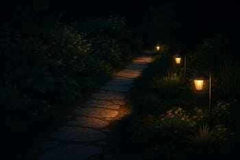 Gece düşük seviyeli yürüyüş aydınlatmasıyla tanımlanan bahçe yolu