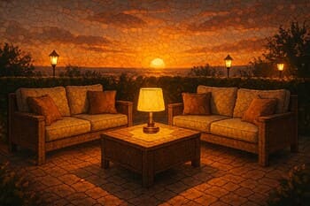 Gün batımında altın tonlarda aydınlatılan oturma alanı