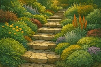 Bahçe kot farklarını yumuşatan doğal taş basamak dizisi