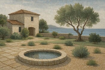 Zeytin ağacı gölgesinde yerleştirilmiş kavisli sahil bahçesi