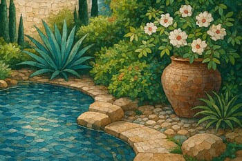 Kıyı villasında suya paralel uzanan ince bahçe patikası detayı