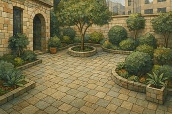 Taş duvarlarla çevrili sakin avlu ve merkezde su unsuru