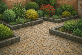 Avluda gölge veren ağaç ve taş oturma nişi detayı