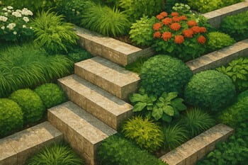 Teras bahçesinde uzun saksılar ve yumuşak gece aydınlatması