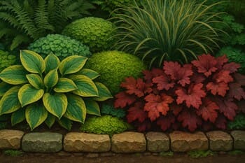 Yumuşak ışıkla aydınlatılmış, yeni dikilmiş bitki bordürü detayı