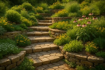 Eğimli bahçede teraslar arasında uzanan doğal taş basamaklar