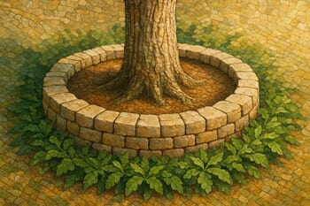 Ağaç çevresinde pinco taş halkası ve yeşil bitki bordürü