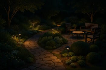 Gece aydınlatmasıyla test edilen bahçe yolları ve oturma alanları