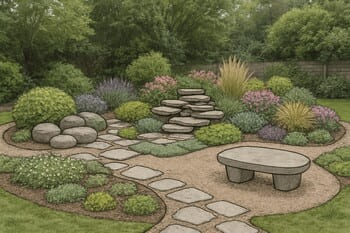 Pinco taş dizilimleri ve pin co oturma elemanlarıyla hazırlanan bahçe eskizi