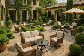 Butik otelin avlusunda oturma alanı ve zarif peyzaj detayları