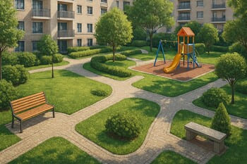 Site içinde yürüyüş aksı ve oyun alanlarıyla çevrili yeşil ortak avlu