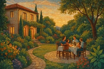 Aile için tasarlanmış geniş villa bahçesinde akşam sofrası